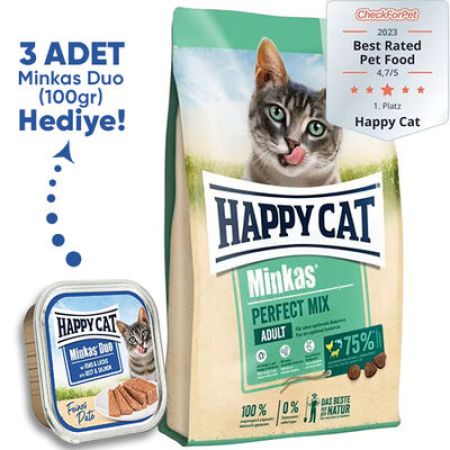 Happy Cat Minkas Perfect Mix Kedi Maması 10 Kg + 3 Adet Happy Cat 100 Gr Yaş Mama