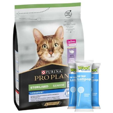 Pro Plan 7+ Kısırlaştırılmış Hindili Yaşlı Kedi Maması 3 Kg + 3 Adet Wooc Kedi Ödülü Lolipop