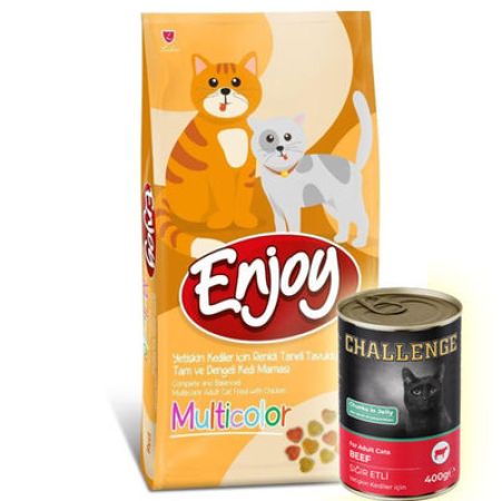 Enjoy Multi Color Tavuk Etli Renkli Kedi Maması 15 Kg + 5 Adet Challenge 400 Gr Konserve