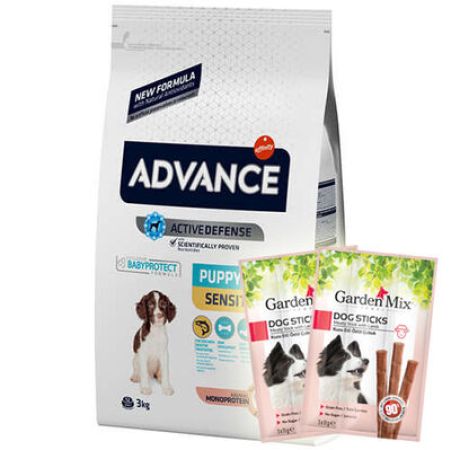 Advance Puppy Sensitive Somonlu Yavru Köpek Maması 3 Kg + 5 Adet Garden Mix Stick Köpek Ödülü