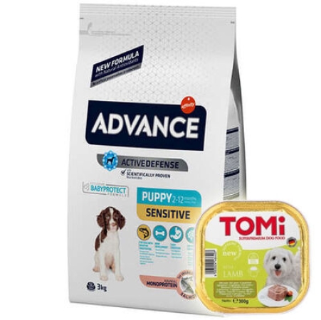 Advance Puppy Sensitive Somonlu Yavru Köpek Maması 3 Kg + Tomi Kuzu Pate 300 Gr Yaş Mama