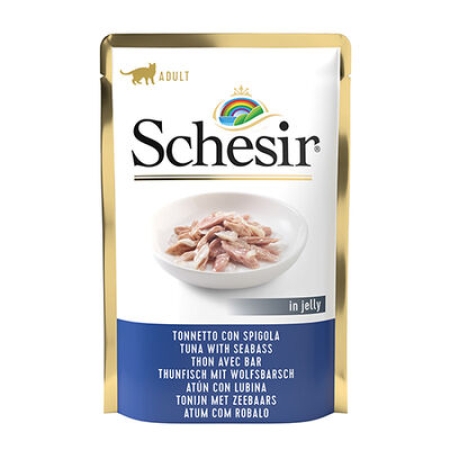 Schesir C565 Pouch Jelly Ton Balıklı ve Levrekli Kıyılmış Kedi Yaş Maması 85 Gr