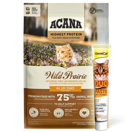 Acana Wild Prairie Tahılsız Tavuklu Kedi Maması 4,5 Kg + GimCat Hairball Duo Paste Macun