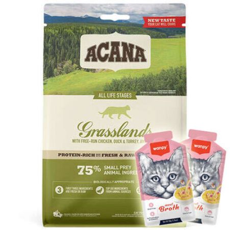 Acana Grasslands Ördek ve Bıldırcın Tahılsız Kedi Maması 1,8 Kg + 2 Adet Wanpy Çorba 50 Gr