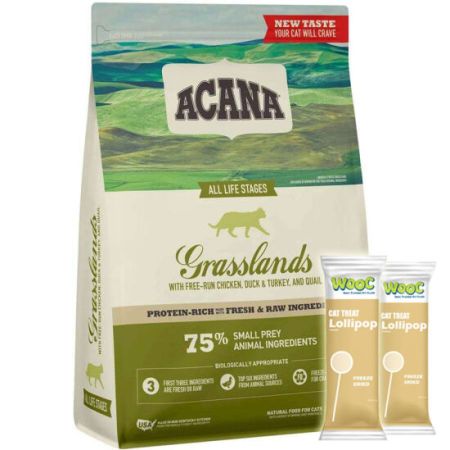 Acana Grasslands Ördek ve Bıldırcın Tahılsız Kedi Maması 1,8 Kg + 2 Adet Wooc Lolipop Ödül