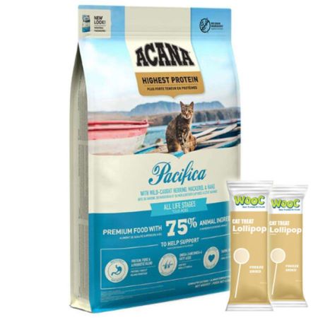 Acana Pacifica Cat Tahılsız Balıklı Kedi Maması 4,5 Kg + 2 Adet Wooc Lolipop Ödül