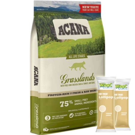 Acana Grasslands Ördek ve Bıldırcın Tahılsız Kedi Maması 4,5 Kg + 2 Adet Wooc Lolipop Ödül