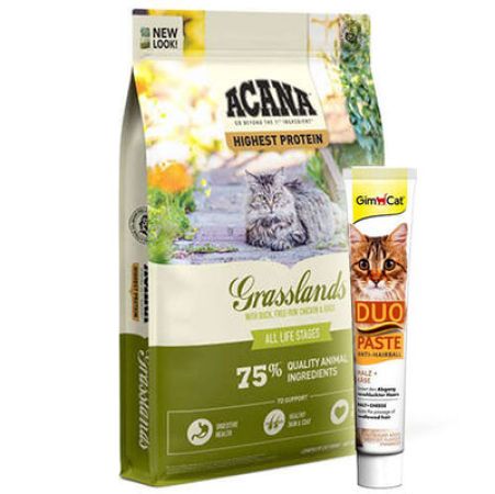 Acana Grasslands Ördek ve Bıldırcın Tahılsız Kedi Maması 4,5 Kg + GimCat Hairball Duo Paste Macun