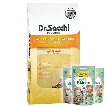 Dr. Sacchi Basic Tavuk Etli Kedi Maması 10 Kg + 3 Adet Gimcat Mini Sticks Ödül