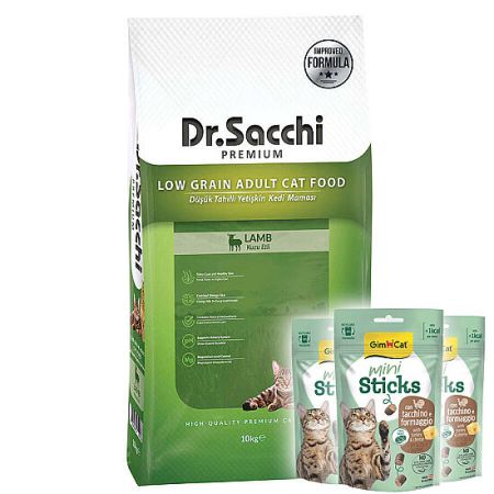 Dr. Sacchi Kuzu Etli Kedi Maması 10 Kg + 3 Adet Gimcat Mini Sticks Ödül