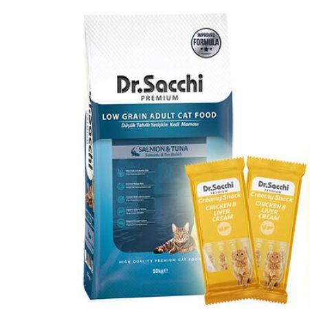 Dr. Sacchi Sensitive Somonlu Kedi Maması 10 Kg + 5 Adet Dr Sacchi 4 lü Creamy Ödül