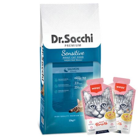 Dr. Sacchi Sensitive Somonlu Kedi Maması 15 Kg + 2 Adet Wanpy Çorba 50 Gr