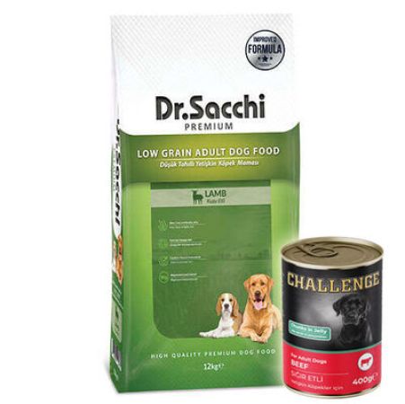 Dr. Sacchi Lamb Rice Kuzu Etli Köpek Maması 12 Kg + 5 Adet Challenge 400 Gr Konserve