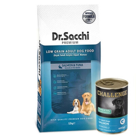 Dr. Sacchi Premium Somon ve Ton Balıklı Köpek Maması 12 Kg + 5 Adet 400 Gr Challenge Somon Konserve