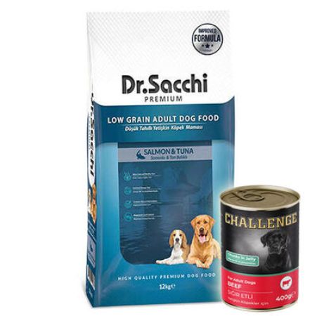 Dr. Sacchi Somon ve Ton Balıklı Köpek Maması 12 Kg + 5 Adet Challenge 400 Gr Konserve