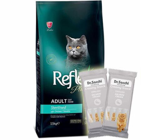 Reflex Plus Sterilised Tavuk Kısırlaştırılmış Kedi Maması 15 Kg + 2 Adet Dr Sacchi 4 lü Creamy Ödül