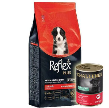 Reflex Plus Puppy Kuzu Orta ve Büyük Irk Yavru Köpek Maması 12 Kg + 5 Adet Challenge 400 Gr Konserve