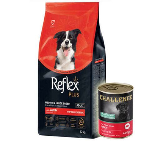 Reflex Plus Kuzu Orta ve Büyük Irk Köpek Maması 12 Kg + 5 Adet Challenge 400 Gr Konserve