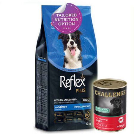 Reflex Plus Somonlu Orta ve Büyük Irk Köpek Maması 12 Kg + 5 Adet Challenge 400 Gr Konserve