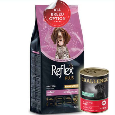 Reflex Plus High Energy Biftekli Köpek Maması 12 Kg + 5 Adet Challenge 400 Gr Konserve