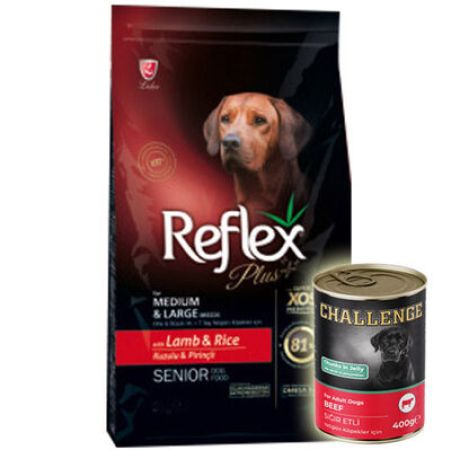 Reflex Plus Senior Orta ve Büyük Irk Kuzu Yaşlı Köpek Maması 15 Kg + 5 Adet Challenge 400 Gr Konserve