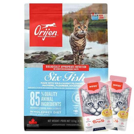 Orijen Six Fish 6 Balıklı Tahılsız Kedi Maması 1,8 Kg + 2 Adet Wanpy Çorba 50 Gr