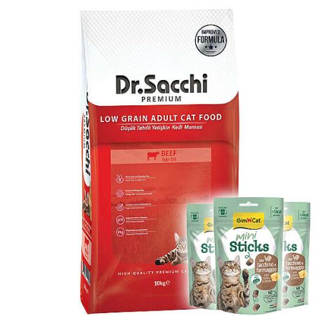 Dr. Sacchi Biftekli Kedi Maması 10 Kg + 3 Adet Gimcat Mini Sticks Ödül