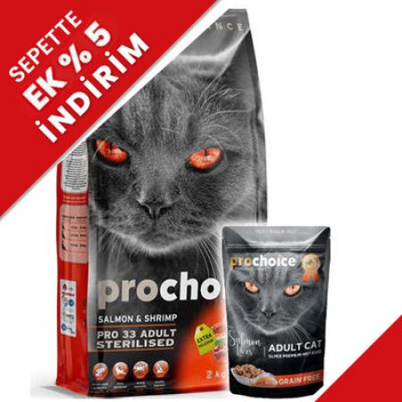 Pro Choice Pro33 Kısırlaştırılmış Somonlu Kedi Maması 2 Kg + 85 Gr Yaş Mama