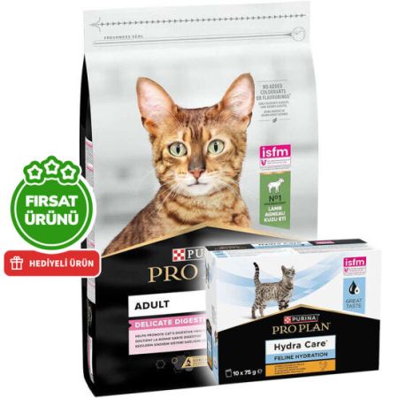 Pro Plan Delicate Kuzu Etli Hassas Sindirim Kedi Maması 10 Kg + Hydra Care Yaş Mama 75 Gr x 10 Adet