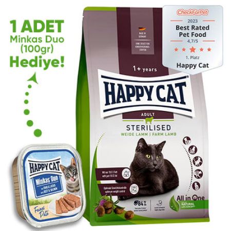 Happy Cat Sterilised Kuzu Kısırlaştırılmış Kedi Maması 4 Kg + Happy Cat 100 Gr Yaş Mama