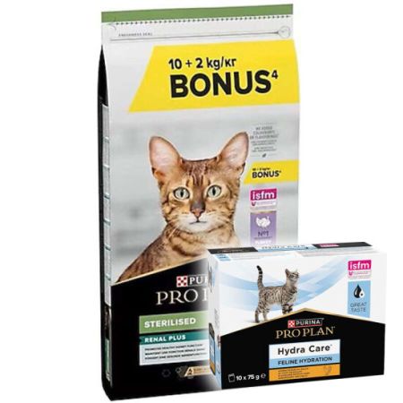 Pro Plan Kısırlaştırılmış Hindi Etli Kedi Maması 10 + 2 Kg (Toplam 12 Kg) + Hydra Care Yaş Mama 75 Gr x 10 Adet