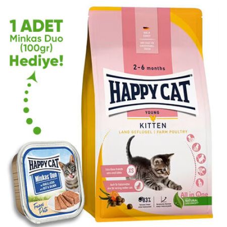 Happy Cat Kitten Kümes Hayvanı Yavru Kedi Maması 4 Kg + Happy Cat 100 Gr Yaş Mama