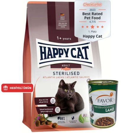 Happy Cat Sterilised Atlantic Somon Kısırlaştırılmış Kedi Maması 4 Kg + 2 Adet Favor Kuzu Konservesi 400 Gr