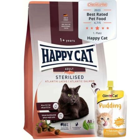 Happy Cat Sterilised Atlantic Somon Kısırlaştırılmış Kedi Maması 4 Kg + Gimcat Kedi Pudingi 150 Gr