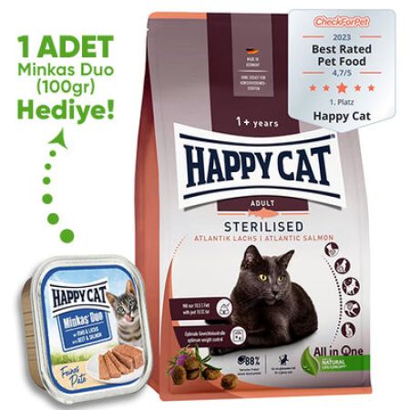 Happy Cat Sterilised Atlantic Somon Kısırlaştırılmış Kedi Maması 4 Kg + Happy Cat 100 Gr Yaş Mama