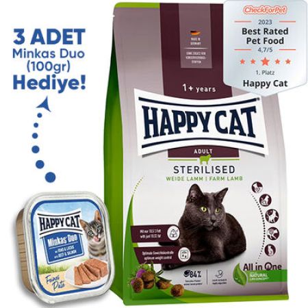 Happy Cat Sterilised Kuzu Kısırlaştırılmış Kedi Maması 10 Kg + 3 Adet Happy Cat 100 Gr Yaş Mama