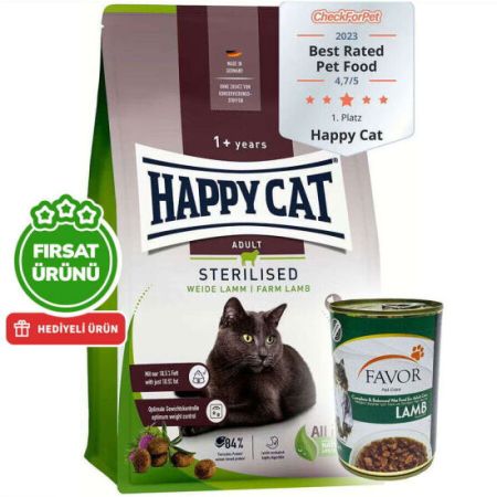 Happy Cat Sterilised Kuzu Kısırlaştırılmış Kedi Maması 10 Kg + 5 Adet Favor Kuzu Konservesi 400 Gr