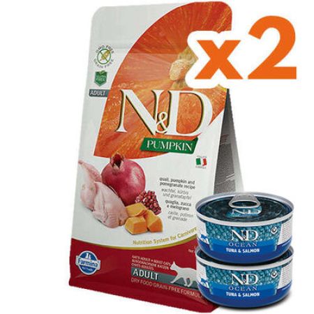 ND Tahılsız Bıldırcın Nar ve Balkabaklı Kedi Maması 1,5 Kg x 2 Adet + ND Ocean 70 Gr Yaş Mama