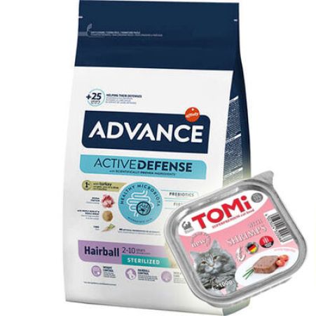 Advance Sterilised Hairball Kısırlaştırılmış Kedi Maması 3 Kg + 2 Adet Tomi Karidesli Pate 100 Gr Yaş Mama
