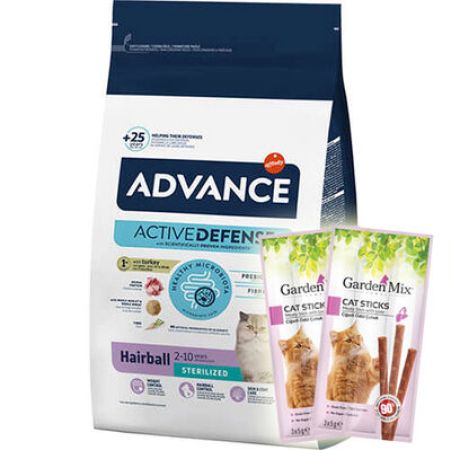 Advance Sterilised Hairball Kısırlaştırılmış Kedi Maması 3 Kg + 5 Adet Garden Mix Stick Kedi Ödülü
