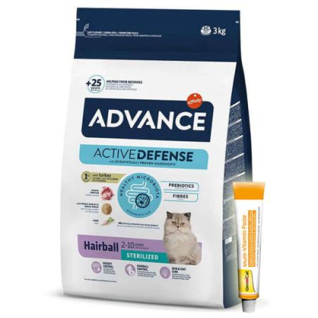 Advance Sterilised Hairball Kısırlaştırılmış Kedi Maması 3 Kg + Gimcat 20 Gr Multivitamin Paste
