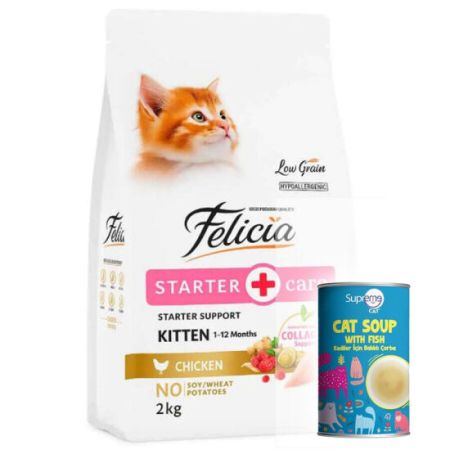 Felicia Hypoallergenic Starter Care Kitten Düşük Tahıllı Tavuklu Yavru Kedi Maması 2 Kg + Supreme Cat Kedi Çorbası 135 ML
