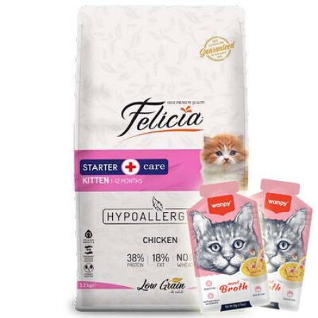 Felicia Kitten Düşük Tahıllı Tavuk ve Hamsi Yavru Kedi Maması 2 Kg + 2 Adet Wanpy Çorba 50 Gr