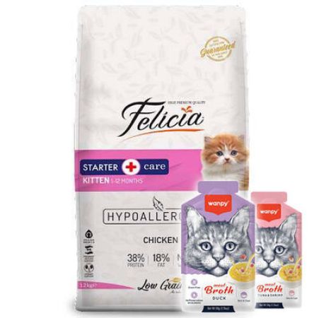 Felicia Hypoallergenic Kitten Düşük Tahıllı Tavuk ve Hamsi Yavru Kedi Maması 12 Kg + 5 Adet Wanpy 50 Gr Kedi Çorbası