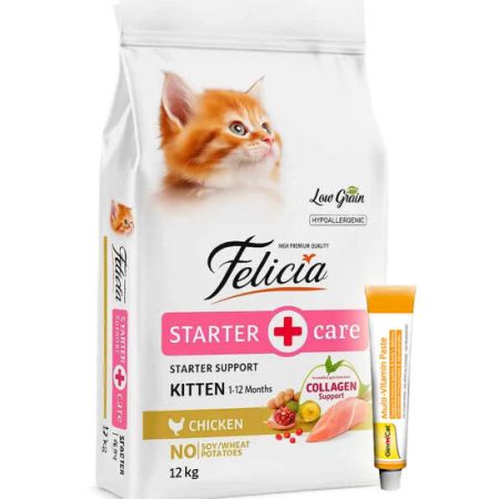 Felicia Hypoallergenic Starter Care Kitten Düşük Tahıllı Tavuklu Yavru Kedi Maması 12 Kg + Gimcat 20 Gr Multivitamin Paste