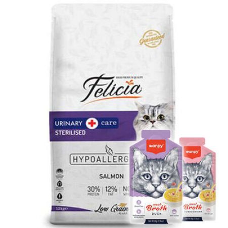 Felicia Hypoallergenic Urinary Sterilised Somonlu Kısırlaştırılmış Kedi Maması 2 Kg + 2 Adet Wanpy 50 Gr Kedi Çorbası
