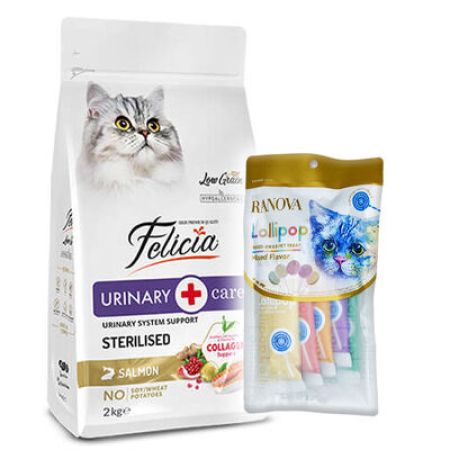 Felicia Hypoallergenic Urinary Sterilised Somonlu Kısırlaştırılmış Kedi Maması 2 Kg + 5'li Ranova Lolipop
