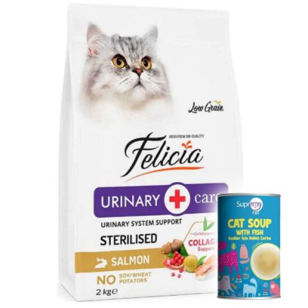 Felicia Hypoallergenic Urinary Sterilised Somonlu Kısırlaştırılmış Kedi Maması 2 Kg + Supreme Cat Kedi Çorbası 135 ML