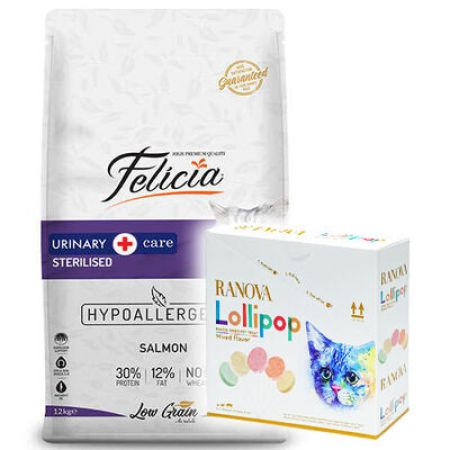 Felicia Hypoallergenic Urinary Sterilised Somonlu Kısırlaştırılmış Kedi Maması 12 Kg + 15'li Ranova Lolipop