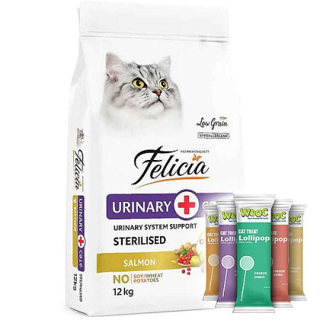 Felicia Hypoallergenic Urinary Sterilised Somonlu Kısırlaştırılmış Kedi Maması 12 Kg + 5 Adet Wooc Lolipop Ödül